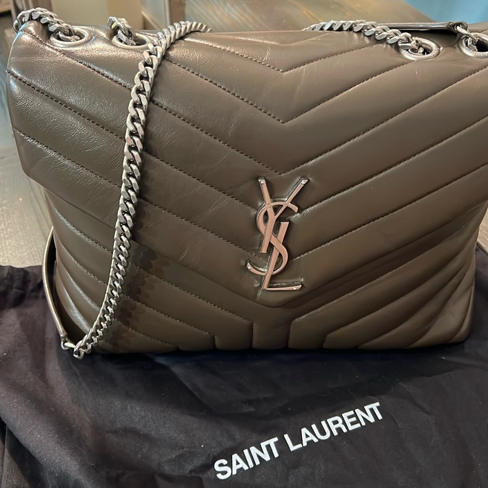 YSL Lou Lou med size bag. Olive green with silver chain. Worn very little